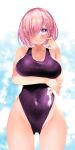 1girl bangs breasts covered_navel fate/grand_order fate_(series) hair_over_one_eye highleg highleg_swimsuit highres large_breasts light_purple_hair looking_at_viewer mash_kyrielight one-piece_swimsuit purple_eyes purple_swimsuit sabi1234 short_hair solo swimsuit thighs 