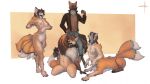  16:9 anthro breasts canid canid_taur canine canine_taur chest_tuft clothed clothing dipstick_tail fangs female fluffy fluffy_tail fox fox_taur fur gender_transformation genitals group gynomorph hand_on_hip highlights_(coloring) intersex jacket male mammal mammal_taur markings mtf_transformation multi_tail nude orange_body orange_fur paws pendant penis penis_shrinking pesimist species_transformation surprise tail_markings taur tongue tongue_out topwear transformation tuft widescreen 