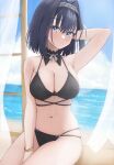  1girl absurdres arm_up armpits bangs bare_arms bare_shoulders between_legs bikini black_bikini black_hair blue_eyes blue_sky blush breasts chain cleavage cloud curtains day detached_collar eyebrows_visible_through_hair grey_ribbon hair_intakes hand_between_legs hand_in_own_hair highres hololive hololive_english indoors large_breasts looking_at_viewer mofu07519 navel neck_ribbon ocean open_window ouro_kronii outdoors parted_lips ribbon sitting skindentation sky smile solo stomach swimsuit virtual_youtuber water window 