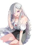  1girl :d azur_lane bare_shoulders belfast_(azur_lane) black_skirt braid breasts cleavage collarbone cropped_legs ear_piercing eyebrows_visible_through_hair eyes_visible_through_hair hair_over_one_eye hand_in_own_hair hand_up heart heart_necklace large_breasts long_hair looking_at_viewer makeup mascara off-shoulder_shirt off_shoulder open_mouth piercing puffy_short_sleeves puffy_sleeves purple_eyes schreibe_shura shirt short_sleeves simple_background sitting skirt smile solo very_long_hair white_background white_hair white_shirt 