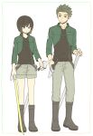 1boy 1girl 7100potechi arms_at_sides bangs black_footwear black_hair black_shirt bob_cut boots border cropped_jacket dual_wielding green_hair green_jacket grey_pants grey_shorts hand_on_hilt height_difference holding holding_sword holding_weapon jacket knee_boots kon_yuka long_sleeves looking_at_another looking_down looking_to_the_side murakami_kou pants pants_tucked_in shirt short_hair shorts side-by-side smile spiked_hair standing sword uniform v-neck weapon white_background world_trigger 