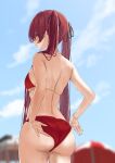  1girl absurdres adjusting_clothes adjusting_swimsuit ass bikini black_ribbon blue_sky blurry blurry_background breasts cloud commentary_request earrings from_behind from_below hair_over_shoulder hair_ribbon highres hololive houshou_marine jewelry long_hair looking_at_viewer looking_back looking_down medium_breasts outdoors parasol red_eyes red_hair ribbon sky swimsuit twintails umbrella very_long_hair virtual_youtuber yamada_no_orochi 
