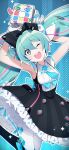  &gt;_&lt; 1girl 39_music_(vocaloid) agonasubi aqua_eyes aqua_hair aqua_necktie argyle armpits arms_up bare_arms black_bow black_dress black_footwear blue_background bow cable commentary cowboy_shot creature cube dress frilled_dress frills gloves hair_bow hatsune_miku highres holding holding_creature hoop_skirt leg_up long_hair looking_up magical_mirai_(vocaloid) necktie neon_trim one_eye_closed open_mouth short_necktie sleeveless sleeveless_dress smile twintails very_long_hair vocaloid white_gloves white_legwear 