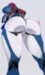  1girl agovitch ass ass_focus blue_bodysuit bodysuit commentary_request facing_away foreshortening from_below highres jetpack original solo two-tone_bodysuit white_bodysuit 