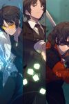  1boy arm_up bangs belt black_gloves black_hair black_jacket black_necktie black_pants black_vest character_name column_lineup cosplay cowboy_shot cube echo_(circa) electricity formal frown glasses gloves glowing goggles gun handgun holster holstered_weapon ikoma_tatsuhito ikoma_tatsuhito_(cosplay) jacket karasuma_kyousuke long_sleeves looking_at_viewer male_focus multiple_views necktie ninomiya_masataka ninomiya_masataka_(cosplay) pants ready_to_draw red_jacket short_hair suit sword tinted_eyewear vest weapon white_jacket world_trigger yellow-tinted_eyewear yuba_takuma yuba_takuma_(cosplay) zipper 