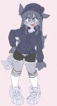  anthro bangs beanie bottomwear canid canine clothed clothing dolphin_shorts female footwear fox fox_ears fox_tail fur grey_body grey_fur grey_hair grey_tail hair hat headgear headwear hi_res hoodie knee_highs legwear long_hair looking_at_viewer mammal open_mouth pattern_clothing pattern_footwear pattern_legwear pattern_socks pink_background pups_(artist) shoes shorts simple_background smile sneakers socks solo striped_clothing striped_footwear striped_socks stripes topwear white_sneakers 