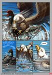  accipitrid accipitriform avian bald_eagle beak bird bitterstrawberries blood bodily_fluids breath comic digital_media_(artwork) eagle feathers female feral fish flying group hi_res loon marine panting sea_eagle simple_background sound_effects splashing stab trio water 