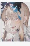  1girl bandages bangs blonde_hair blue_bow bow english_commentary grey_background hair_bow hand_on_own_face heart heart-shaped_pupils long_hair looking_at_viewer open_mouth original sidelocks simple_background smile solo symbol-shaped_pupils upper_body wanke 
