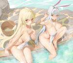  2girls absurdres animal_ears arm_up armpits bangs barefoot blonde_hair blush breast_press breasts bucket cleavage closed_mouth collarbone commission completely_nude covering cross cross_earrings day earrings eyebrows_visible_through_hair groin hand_on_own_chest highres jewelry knee_to_chest knee_up large_breasts long_hair looking_at_viewer mole mole_under_eye multiple_girls nude nude_cover onsen original outdoors parted_lips pointy_ears rabbit_ears red_eyes sitting smile soaking_feet steam urrrt very_long_hair wet white_hair wooden_bucket 