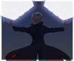  1boy black_coat blonde_hair border chokuboron_ryou coat cowboy_shot cube facing_away from_behind glowing izumi_kouhei light_brown_hair long_sleeves male_focus night outstretched_arms short_hair solo spread_arms two-sided_fabric world_trigger 
