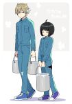  1boy 1girl 7100potechi ^_^ absurdres ahoge amatori_chika arms_at_sides bangs black_hair blue_footwear blue_pants blue_shirt bob_cut brown_hair bucket closed_eyes closed_mouth expressionless full_body grey_background hair_between_eyes height_difference highres holding holding_bucket horns hyuse light_brown_hair long_sleeves matching_outfit paint paint_can paint_on_clothes pants purple_footwear shirt shoes short_hair side-by-side smile sneakers sweatdrop v_arms walking white_background world_trigger 