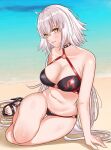  1girl ahoge arm_support bangs breasts cleavage crossed_bangs fate/grand_order fate_(series) grey_hair hair_between_eyes high_heels highres jeanne_d&#039;arc_alter_(fate) jeanne_d&#039;arc_alter_(swimsuit_berserker)_(fate) large_breasts light_blush long_hair looking_at_viewer ocean parted_lips sand sandals smile solo strappy_heels thigh_gap thighs toes tomotomow00w very_long_hair water white_hair yellow_eyes 
