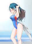  1girl bird_tail black_hair blue_hair blue_swimsuit commentary_request competition_swimsuit cowboy_shot gradient_hair highres kemono_friends long_hair multicolored_hair nokemono-san_(bocchi_friend) one-piece_swimsuit passenger_pigeon_(kemono_friends) solo standing swimsuit tail yellow_eyes 