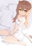 animal_ears bare_legs bare_shoulders barefoot bed between_legs brown_hair closed_mouth dress eyebrows_visible_through_hair hand_between_legs highres indie_virtual_youtuber lion_ears lion_girl lion_tail long_hair looking_at_viewer pillow rurudo_lion sitting sleeveless sleeveless_dress sundress tail virtual_youtuber wariza white_dress yellow_eyes zhiyou_ruozhe 