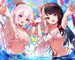  2girls bikini black_hair breasts hair_ornament jewelry long_hair multicolored_hair multiple_girls necklace nijisanji open_mouth otoufu_(gotouhu) pink_eyes red_eyes ribbon shiina_yuika sky smile swimsuit two-tone_hair v virtual_youtuber water white_hair yorumi_rena 