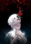  1boy absurdres bangs black_background blood collared_shirt dress_shirt flower gradient gradient_background hair_between_eyes hands_up highres kaneki_ken looking_up matumatu2343 pale_skin red_background red_flower shirt short_hair signature skull solo tokyo_ghoul tokyo_ghoul:re white_hair white_shirt 