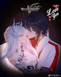  1boy 1girl black_hair china_dress chinese_clothes couple dark_background douluo_dalu dress fur_coat gu_yuena hetero highres horns hug husband_and_wife open_mouth short_hair sleeping tang_wulin_(douluo_dalu) white_dress yueyu_si_qiuer 