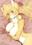  anthro arm_markings bed black_nose blonde_hair blue_eyes blush breasts canid canine chest_tuft ear_markings facial_markings female fox fur furniture hair hand_markings head_markings kemono kiichi mammal markings multicolored_body multicolored_fur on_bed solo tuft whiskers white_body white_fur yellow_body yellow_fur 