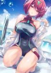  1girl bangs barefoot black_swimsuit breasts commentary_request competition_swimsuit covered_navel gem inoue_takuya_(tactactak) jewelry kneeling large_breasts looking_at_viewer one-piece_swimsuit outdoors pool pyra_(pro_swimmer)_(xenoblade) pyra_(xenoblade) red_eyes red_hair red_swimsuit short_hair solo swimsuit two-tone_swimsuit xenoblade_chronicles_(series) xenoblade_chronicles_2 