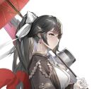  1girl azur_lane bangs black_hair bow breasts brown_eyes chinese_commentary closed_mouth commentary_request earrings from_side gloves hair_between_eyes hand_up highres holding holding_umbrella huo_de_xiaosa_qie_shoufa_l jewelry large_breasts long_hair looking_afar ponytail shirt sidelocks simple_background solo takao_(azur_lane) tassel tassel_earrings umbrella upper_body white_background white_bow white_gloves white_shirt 
