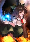  1girl absurdres arm_cannon bangs bird_wings black_wings bow breasts brown_hair green_bow green_skirt hair_bow highres kirikaze_ren large_breasts long_hair looking_at_viewer open_mouth reiuji_utsuho shirt short_sleeves skirt solo third_eye touhou weapon white_shirt wings 