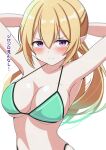  1girl bangs blonde_hair blush breasts chloe_(princess_connect!) commentary_request elf eyebrows_visible_through_hair hair_between_eyes hello_pty large_breasts looking_at_viewer multicolored_eyes pointy_ears princess_connect! purple_eyes short_hair solo swimsuit translation_request twintails tying_hair white_background 