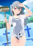  arm_up ass_visible_through_thighs black_hair blue_swimsuit blush brush cloud haoriya_chie_(minidraco) highres long_hair minidraco no_pants one-piece_swimsuit one_eye_closed original outdoors pink_eyes pool ribbon school_swimsuit see-through shirt short_sleeves side_ponytail sky swimsuit swimsuit_under_clothes t-shirt thigh_gap thighs wet wet_clothes wet_shirt white_shirt 