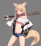  1girl :d ahoge animal_ears ass_visible_through_thighs bandaid bandaid_on_face bandaid_on_leg bangs barbed_wire baseball_bat black_jacket blonde_hair blush breasts collar collarbone cowboy_shot crop_top denim denim_shorts earrings extra_ears eyebrows_visible_through_hair fox_ears fox_girl fox_tail grey_background highres holding holding_weapon jacket jewelry long_hair long_sleeves looking_at_viewer mask mask_pull mouth_mask nail_polish navel off-shoulder_shirt off_shoulder open_clothes open_fly open_jacket open_shorts original purple_eyes red_nails sbbs shirt short_shorts shorts simple_background single_bare_shoulder sleeves_past_fingers sleeves_past_wrists small_breasts smile solo stomach tail teeth underboob upper_teeth weapon white_shirt 