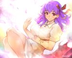  1girl absurdres bare_legs breasts closed_mouth commentary_request dress duralu500 fate/stay_night fate_(series) feet_out_of_frame hair_ribbon heaven&#039;s_feel highres knees_up large_breasts long_hair looking_at_viewer matou_sakura puffy_short_sleeves puffy_sleeves purple_eyes purple_hair red_ribbon ribbon short_sleeves smile solo white_dress 