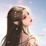  1girl absurdres back brown_hair cai_lin_(doupo_cangqiong) doupo_cangqiong dress facial_mark forehead_mark hair_ornament highres long_hair looking_back mei_du_sha_nuwang_zhuye petals pointy_ears red_dress red_eyes red_lips solo upper_body 