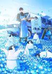  1boy apron bird black_eyes black_hair black_pants black_shirt blue_apron blue_flower blue_theme day dress_shirt english_text falling_petals field flower flower_field food_truck full_body ground_vehicle highres holding holding_tray looking_at_animal menu_board mochizuki_sei motor_vehicle nemophila_(flower) original pants parted_lips penguin petals shirt short_hair smile standing sunlight tray truck 