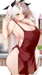 1girl apron azur_lane bare_arms bare_shoulders black_ribbon blurry blurry_background blush breasts cleavage commentary_request cowboy_shot eyebrows_visible_through_hair hair_between_eyes hair_ribbon hand_to_own_mouth hand_up hands_up jewelry large_breasts mole mole_on_breast naked_apron prinz_eugen_(azur_lane) raru_(nanaharararu) red_apron ribbon ring solo standing thighs two_side_up yellow_eyes 