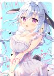 1girl :d animal_ears aoi_yun bangs bare_arms breasts cleavage cover cover_page dress eyebrows_visible_through_hair grey_hair hair_between_eyes hair_ornament hairclip heart large_breasts light_brown_hair looking_at_viewer multicolored_hair original purple_eyes rabbit_ears rabbit_girl rabbit_tail sleeveless sleeveless_dress smile solo tail translation_request two-tone_hair white_dress 