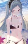  1girl arknights bare_arms bare_shoulders bikini black_bikini black_choker choker collarbone commentary_request flat_chest grey_eyes grey_hair hand_up head_wings highres irene_(arknights) long_hair looking_at_viewer navel ookamisama scar scar_across_eye side-tie_bikini solo stomach swimsuit upper_body very_long_hair wrist_cuffs 