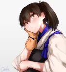  1girl artist_name brown_eyes brown_gloves brown_hair commentary_request gloves hand_on_own_face japanese_clothes kaga_(kancolle) kantai_collection long_hair looking_at_viewer mani_oniniku milestone_celebration muneate partially_fingerless_gloves revision side_ponytail single_glove solo tasuki upper_body yugake 