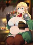  1girl aqua_eyes bangs blush character_request closed_mouth commentary_request commission copyright_request dot_nose drink elf food heo_(tkgm) highres holding holding_drink holding_food looking_at_viewer pointy_ears skeb_commission skewer solo tankard tareme thick_thighs thighs 