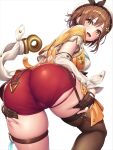  1girl :d ass ass_grab atelier_(series) atelier_ryza atelier_ryza_2 beret braid breasts brown_eyes brown_gloves brown_hair brown_legwear cameltoe detached_sleeves from_behind gloves grabbing_own_thigh hair_between_eyes hat jacket lambda_(kusowarota) large_breasts looking_at_viewer looking_back partially_fingerless_gloves red_shorts reisalin_stout short_hair shorts single_thighhigh sleeveless sleeveless_jacket smile solo thigh_strap thighhighs thighs white_background white_headwear yellow_jacket 