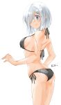  1girl absurdres bikini black_bikini blue_eyes breasts cowboy_shot hair_ornament hair_over_one_eye hairclip hamakaze_(kancolle) highres kantai_collection large_breasts looking_at_viewer maonatten one-hour_drawing_challenge short_hair side-tie_bikini simple_background solo swimsuit white_background white_hair 