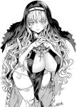  1girl asanagi breast_curtains breasts cleavage cross curly_hair greyscale habit highres large_breasts long_hair monochrome no_bra no_panties nun original skindentation thighhighs white_legwear 