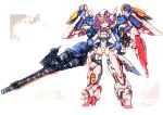  1girl artist_name boots breasts cleavage clenched_hand dated eyebrows_visible_through_hair gun gundam gundam_wing highres holding holding_gun holding_weapon leotard mecha_musume mechanical_legs medium_breasts metal_boots open_mouth personification purple_eyes purple_hair rondo_bell shield smile solo thigh_boots v-fin weapon white_leotard wing_gundam wing_gundam_(ew) 