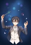  1boy bangs black_hair blue_background blue_eyes bow bowtie closed_mouth cropped_torso dress_shirt eyebrows_visible_through_hair grey_jacket hair_between_eyes holding jacket kirito long_sleeves looking_at_viewer male_focus open_clothes open_jacket shiny shiny_hair shirt short_hair shoura smile solo sword_art_online vest white_bow white_bowtie white_shirt white_vest 
