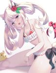  1girl animal animal_ear_fluff animal_ears azur_lane bangs bare_arms bare_shoulders bell bikini bird black_bikini blue_eyes blush bow breasts cat_ears cat_girl cat_tail chick cleavage commentary_request eyebrows_visible_through_hair fang flower frilled_bikini frills hair_flower hair_ornament hair_rings hammann_(azur_lane) hammann_(rebellious_summer)_(azur_lane) hand_on_own_face hand_up highres jingle_bell leaning_forward long_hair manjuu_(azur_lane) medium_breasts mismatched_bikini nakazawa_aki open_mouth red_bikini red_bow red_flower red_rose rose sitting solo swimsuit tail tail_bell tail_bow tail_ornament twintails white_background white_hair 