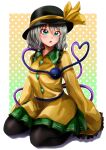  1girl black_headwear black_legwear blouse breasts collared_shirt commentary_request eyeball eyebrows_visible_through_hair frilled_shirt_collar frilled_sleeves frills gradient gradient_background green_background green_eyes green_skirt grey_hair hair_between_eyes hat hat_ribbon heart heart_of_string highres komeiji_koishi long_sleeves maboroshi_mochi medium_hair multicolored_background open_mouth pantyhose pleated_skirt polka_dot polka_dot_background ribbon shirt sitting skirt sleeves_past_fingers sleeves_past_wrists small_breasts solo third_eye touhou wariza wide_sleeves yellow_background yellow_shirt 