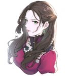  1girl braid breasts brown_hair commentary_request cropped_torso da-cart dorothea_arnault dress earrings fire_emblem fire_emblem:_three_houses fire_emblem_warriors:_three_hopes forehead french_braid green_eyes highres jewelry large_breasts lips long_hair parted_lips pink_dress puffy_sleeves simple_background solo upper_body white_background 