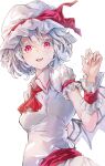 1girl alternate_eye_color ascot bangs bat_wings belt blush breasts collared_dress commentary_request darjeeling_(reley) dress eyebrows_visible_through_hair fang grey_dress grey_hair grey_headwear hair_between_eyes hand_up hat hat_ribbon highres looking_at_viewer mob_cap open_mouth pink_eyes puffy_short_sleeves puffy_sleeves red_ascot red_belt red_ribbon remilia_scarlet ribbon short_hair short_sleeves simple_background small_breasts smile solo standing teeth tongue touhou white_background wings wrist_cuffs 