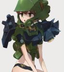  1girl :o armor bengus black_panties brown_hair cable char&#039;s_counterattack geara_doga green_eyes grey_background gundam helmet looking_to_the_side mecha_musume panties personification shoulder_armor shoulder_spikes solo spikes underwear zeon 