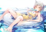  1girl animal_ears bangs blunt_bangs cat_ears chest_jewel dress_swimsuit facial_mark food ice_cream inoue_takuya_(tactactak) nia_(fancy_sundress)_(xenoblade) nia_(xenoblade) ribbed_swimsuit short_hair solo swimsuit xenoblade_chronicles_(series) xenoblade_chronicles_2 yellow_eyes yellow_swimsuit 