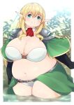  1girl aqua_eyes armor artist_name bangs black_gloves blonde_hair blurry blurry_background blush border bra breasts character_request cleavage commentary_request commission cowboy_shot crossed_bangs curvy detached_collar eyebrows_visible_through_hair fat gloves hair_between_eyes heo_(tkgm) highres huge_breasts leaf long_hair looking_at_viewer navel open_mouth original outside_border panties partially_submerged pixiv_request plump pointy_ears shoulder_armor sidelocks solo tareme thick_thighs thighs underwear waist_cape water white_border white_bra white_panties 