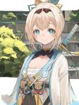  1girl absurdres blonde_hair blue_eyes blush breasts brown_hairband cleavage collarbone hairband highres hololive japanese_clothes katana kazama_iroha looking_at_viewer medium_breasts nyucha sarashi short_hair solo sword virtual_youtuber weapon weapon_on_back 