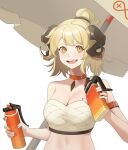  1girl :d absurdres arknights arm_strap bangs bare_shoulders blonde_hair breasts choker cleavage commentary_request half_updo highres holding horns ifrit_(arknights) ifrit_(sunburn)_(arknights) looking_at_viewer midriff nail_polish official_alternate_costume open_mouth orange_choker orange_nails short_hair simple_background smile solo strapless tube_top upper_body white_background yellow_eyes younideyifengxin 
